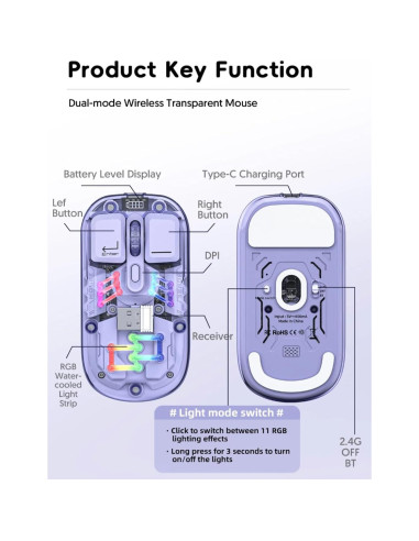 Ratón Inalámbrico Diyeeni RGB Transparente 1600 DPI Recargable