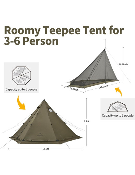 Tienda Teepee Naturehike Ranch Fire 6 Personas Impermeable