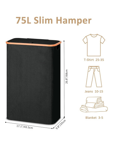 Cesta de lavandería delgada Vincona 75L con tapa negra