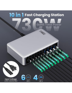 Cargador USB C 730W GaN IV 10 Puertos Rápido para Laptops 2