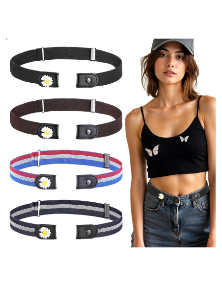4 Cinturones Elásticos Sin Hebilla para Mujeres - Ajustables 90cm