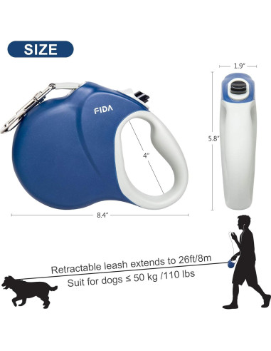 Correa Retráctil para Perros Fida 7.92m Alta Resistencia Azul