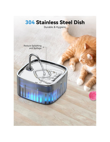 Fuente de Agua para Gatos DCIOGAT 2.2L Acero Inoxidable LED Silenciosa