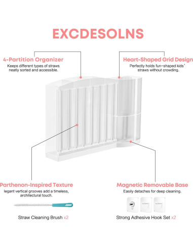 Soporte para Pajitas Excedesolns con Ganchos Adhesivos - Transparente/Blanco