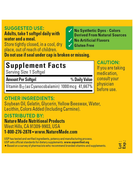Vitamina B12 1000 mcg Nature Made - 90 Softgels Energía