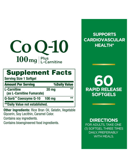 CoQ10 Nature's Bounty 100mg + L-Carnitina 60 Gelatinas Blandas CoQ10 Nature's Bounty 100mg + L-Carnitina 60 Gelatinas Blandas