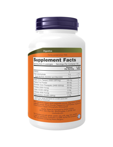 Suplemento Digestivo NOW Foods Enzima de Papaya 360 Pastillas