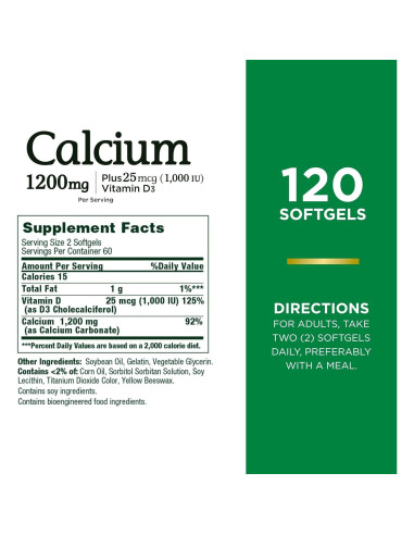 Carbonato de Calcio y Vitamina D Nature's Bounty 1200mg 120 Softgels