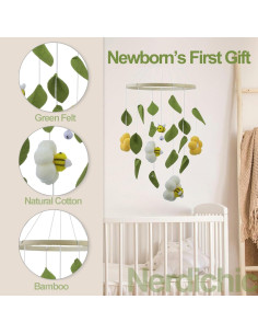 Móvil de Cuna Boho Nerdichic - Abejas y Hojas Verdes 50 cm 2