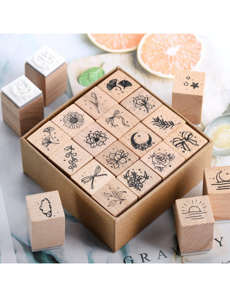 Set de 32 Sellos de Goma de Madera Hacaroa para Manualidades Set de 32 Sellos de Goma de Madera Hacaroa para Manualidades