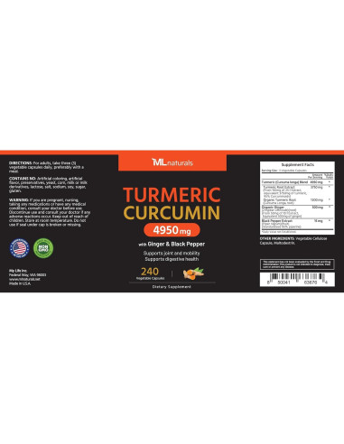 Suplemento de Cúrcuma Orgánica ML Naturals 4950mg 240 Cápsulas