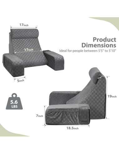 Cojín de Lectura Vekkia 19" Gris - Soporte Espalda Ajustable