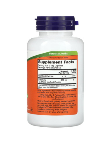 Suplemento Gotu Kola 450mg Now Foods 100 Cápsulas