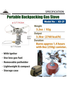 Estufa de Gas Portátil CAMPINGMOON XD-2F Plegable 3.3kW 2