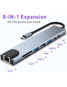 HUB USB C 8 en 1 SZPACMATE con HDMI 4K, 100W PD, Ethernet 2