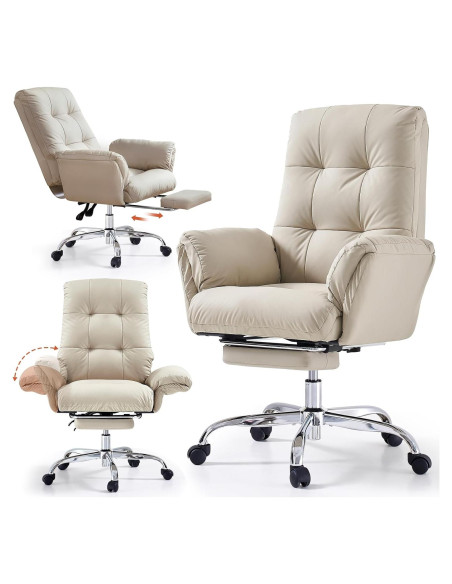 Silla de Oficina EMIAH Beige Reclinable con Reposapiés y Ruedas