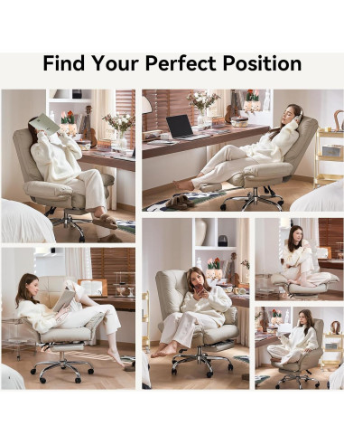 Silla de Oficina EMIAH Beige Reclinable con Reposapiés y Ruedas