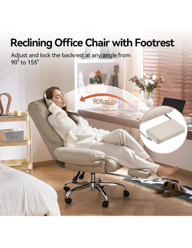 Silla de Oficina EMIAH Beige Reclinable con Reposapiés y Ruedas