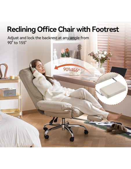 Silla de Oficina EMIAH Beige Reclinable con Reposapiés y Ruedas