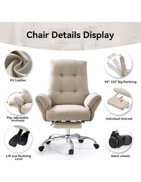 Silla de Oficina EMIAH Beige Reclinable con Reposapiés y Ruedas
