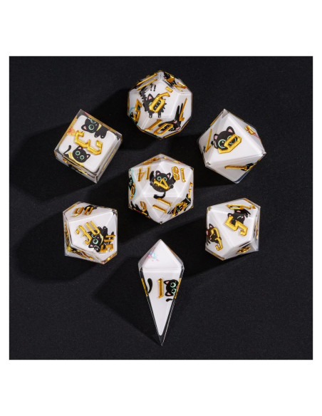 Juego de Dados DND 7 Piezas Resina con Gato Negro - Bordes Afilados