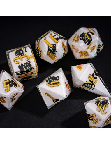 Juego de Dados DND 7 Piezas Resina con Gato Negro - Bordes Afilados