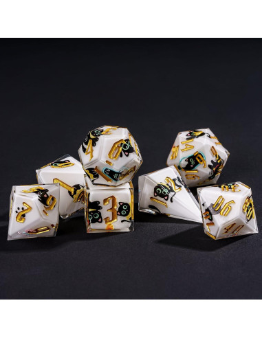 Juego de Dados DND 7 Piezas Resina con Gato Negro - Bordes Afilados