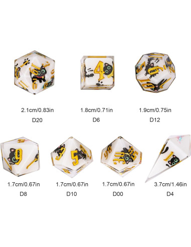 Juego de Dados DND 7 Piezas Resina con Gato Negro - Bordes Afilados