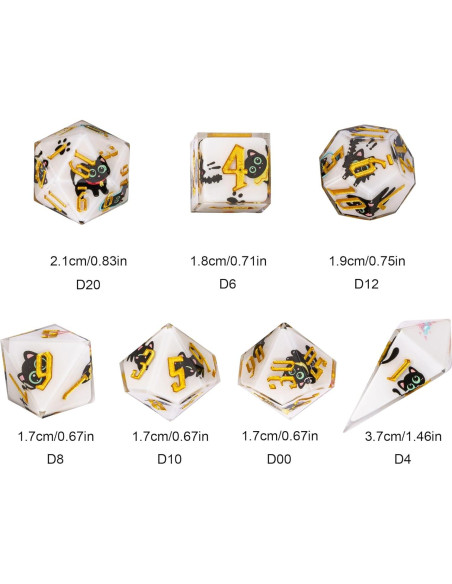 Juego de Dados DND 7 Piezas Resina con Gato Negro - Bordes Afilados