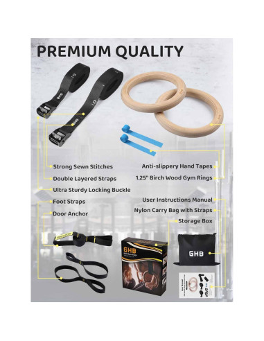 Anillas Gimnásticas de Madera GHB 3.18 cm con Correas Numeradas