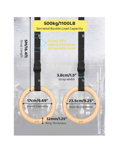 Anillas Gimnásticas de Madera GHB 3.18 cm con Correas Numeradas