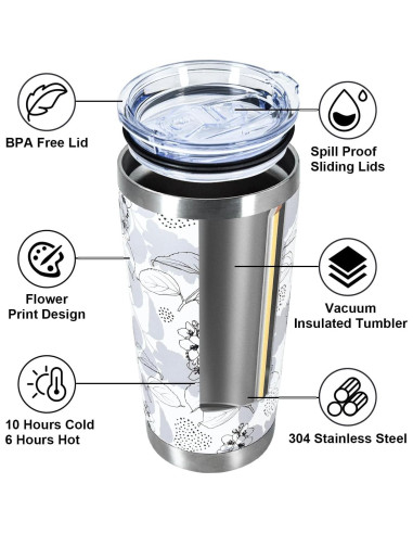 Taza de Acero Inoxidable Aislada 20oz CHLJAR Floral Gris