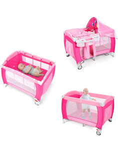 HONEY JOY Parque Infantil 4-en-1 Portátil Rosa con Cuna y Mesa de Cambio 2