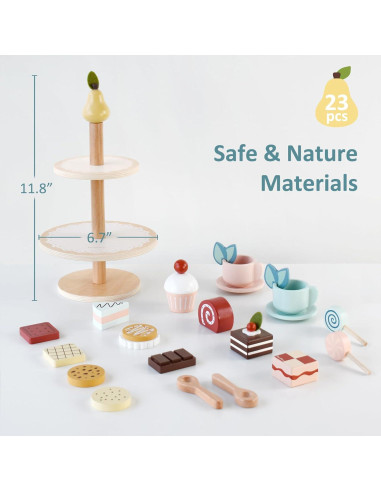Juego de Té de Madera PairPear con Soporte de Postres 23 Piezas