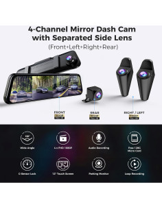 Cámara de Espejo Dash Cam 4 Canales VROAVIE 12'' FHD 1080p 2