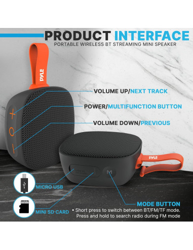 Altavoz Mini Inalámbrico Bluetooth Pyle PCLSB1BK.6 - IPX7, 5W