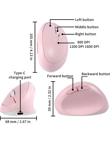 Ratón Vertical Ergonómico Inalámbrico Bluetooth Dtobhars Rosa 1600 DPI