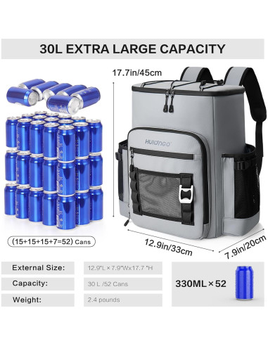 Mochila Cooler Aislada Hulongo 30.28L Impermeable 52 Latas
