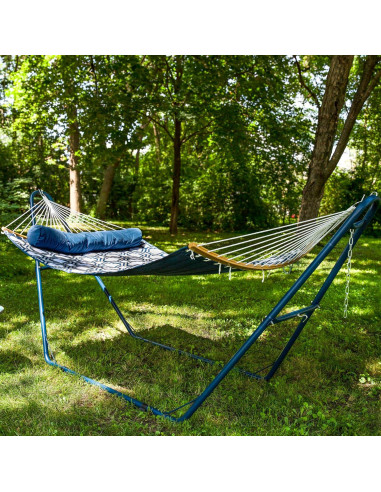 Hamaca Exterior Sunnydaze Doble con Barra Curvada Azul y Gris