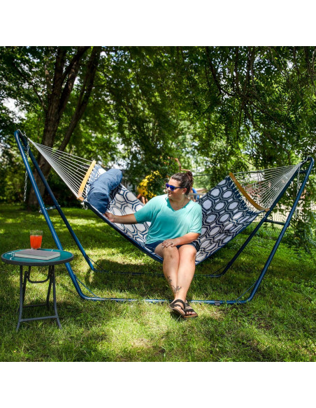 Hamaca Exterior Sunnydaze Doble con Barra Curvada Azul y Gris