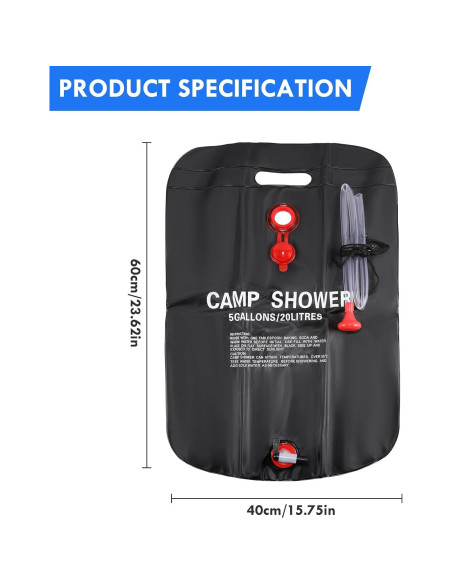 Bolsa de Ducha Solar 20L Genérico con Manguera y Cabezal Ajustable