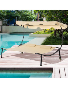 Cama Hamaca de Patio Outsunny con Dosel Ajustable Beige 2