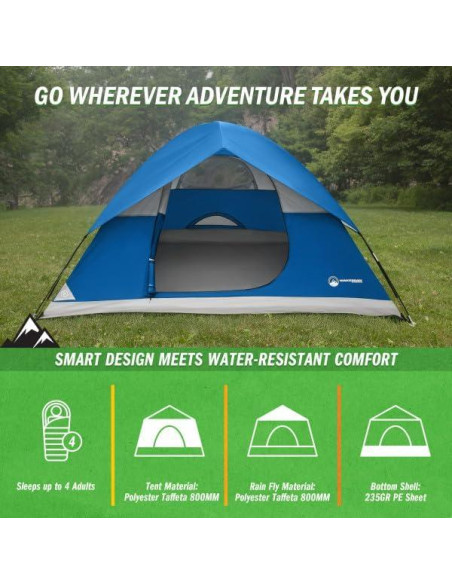 Carpa de Camping Wakeman 4 Personas Azul Impermeable