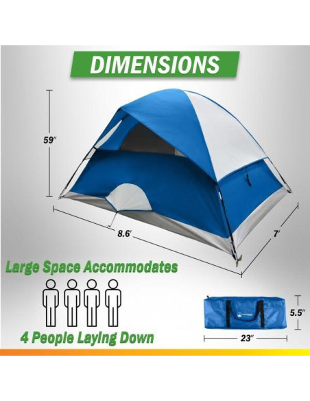 Carpa de Camping Wakeman 4 Personas Azul Impermeable