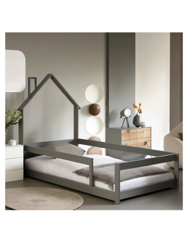 Cama de Piso Twin PVWIIK con Techo y Barandillas de Seguridad