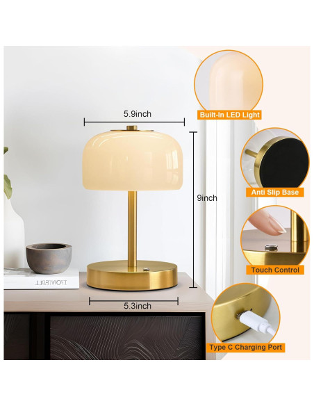 Lámpara de Mesa Inalámbrica PORTRES LED Táctil Oro 3600mAh Lámpara de Mesa Inalámbrica PORTRES LED Táctil Oro 3600mAh