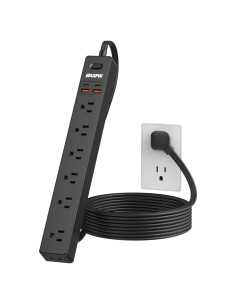 Regleta de Sobretensión Maxpw 6 Pies 7 Salidas 4 USB Negro