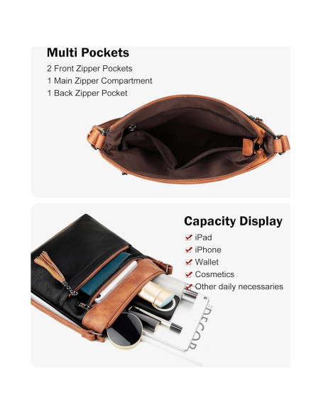 Bolso Cruzado MASINTOR para Mujeres - Cuero Vegano, Negro Marrón