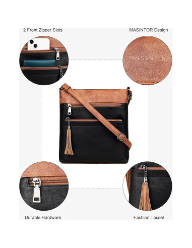 Bolso Cruzado MASINTOR para Mujeres - Cuero Vegano, Negro Marrón