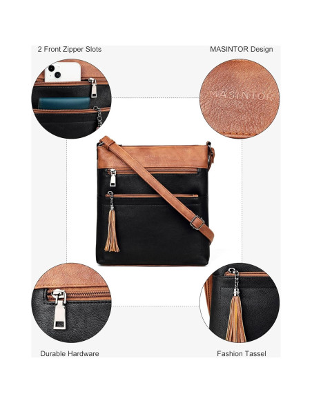 Bolso Cruzado MASINTOR para Mujeres - Cuero Vegano, Negro Marrón